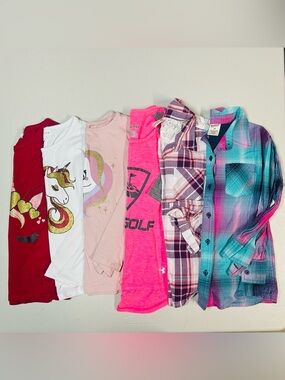 Bundle 6 Assorted Girls' Tops - Pink Unicorns, Plaid & Bright Pink Athletic Tee